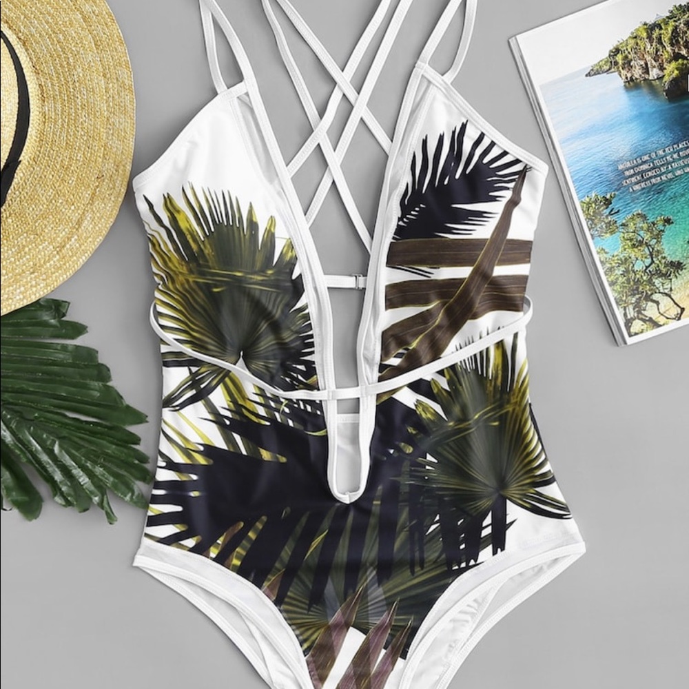 Leaf Print Caged Back One Piece Swimsuit